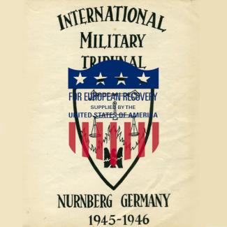 Marshall Plan logo sumperimposed on a title page of the Nuremburg Trial transcripts