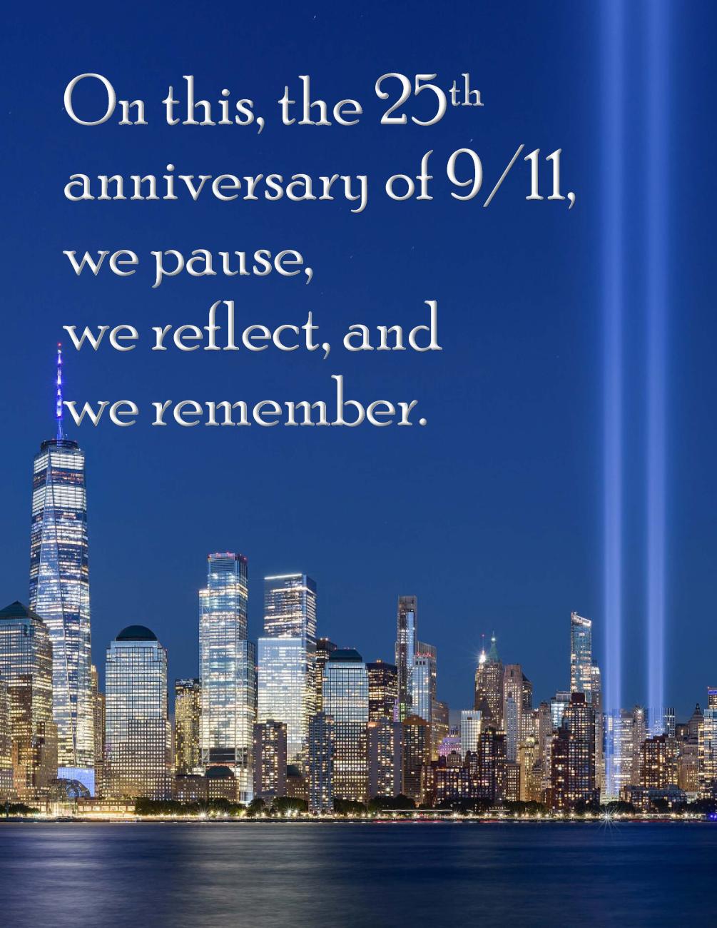 Remembering 9/11, with Tribute in Light photo from 2020 showing Lower Manhattan by King of Hears
