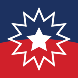 The Juneteenth flag. The white star and surrounding starburst alludes to Texas and the "freedom of African Americans in all 50 states." The curve behind the star is representative of a new horizon and the colors were taken from the red, white, and blue flag of the US.