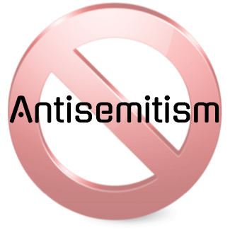 The word antisemitism with a red circle-slash for 'no'