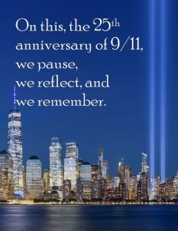 Remembering 9/11, with Tribute in Light photo from 2020 showing Lower Manhattan by King of Hears